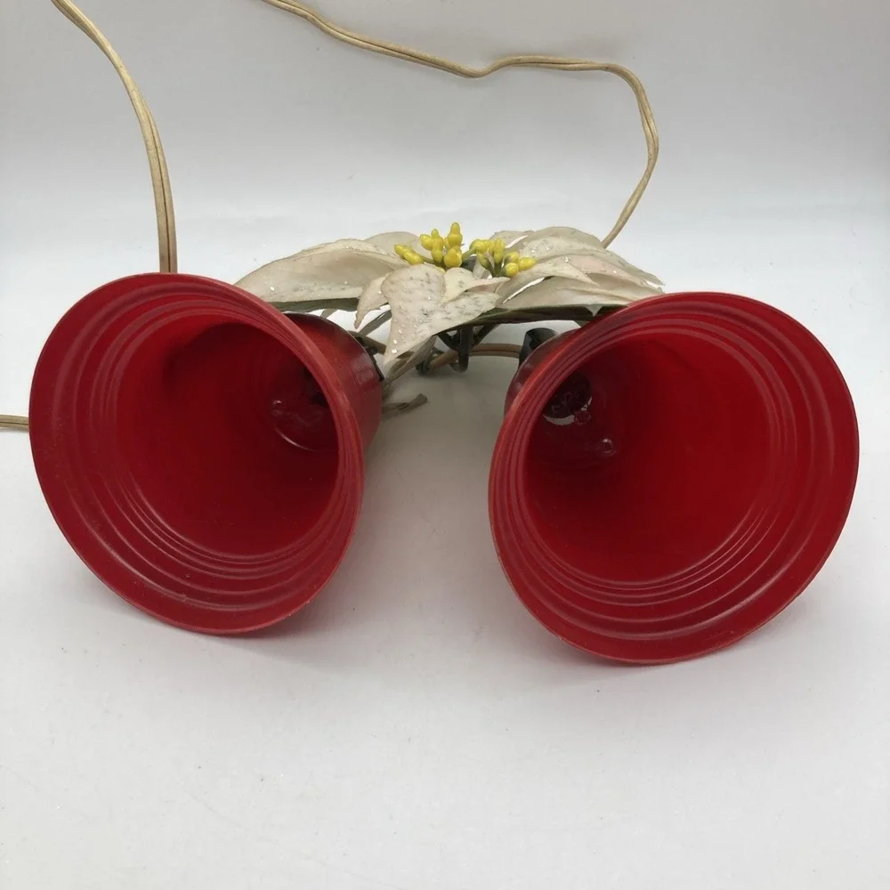 Vintage MCM Christmas Bell Light Cluster, 2 Red Bells with White Poinsettia